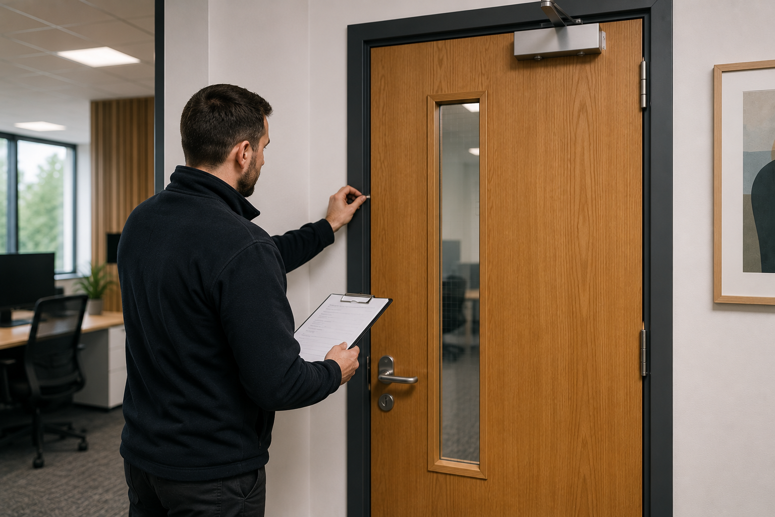 Inspector checking a fire door, frame, seals and ironmongery