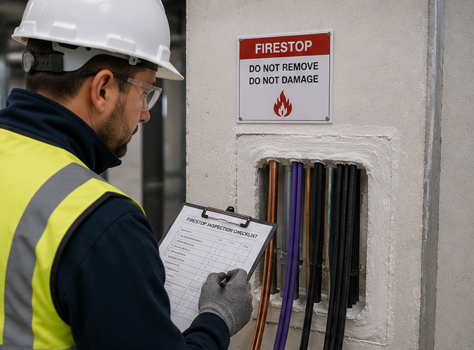 Technician checking an existing fire barrier