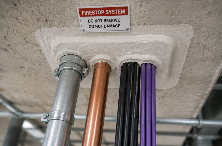 Technician conducting a passive fire barrier inspection